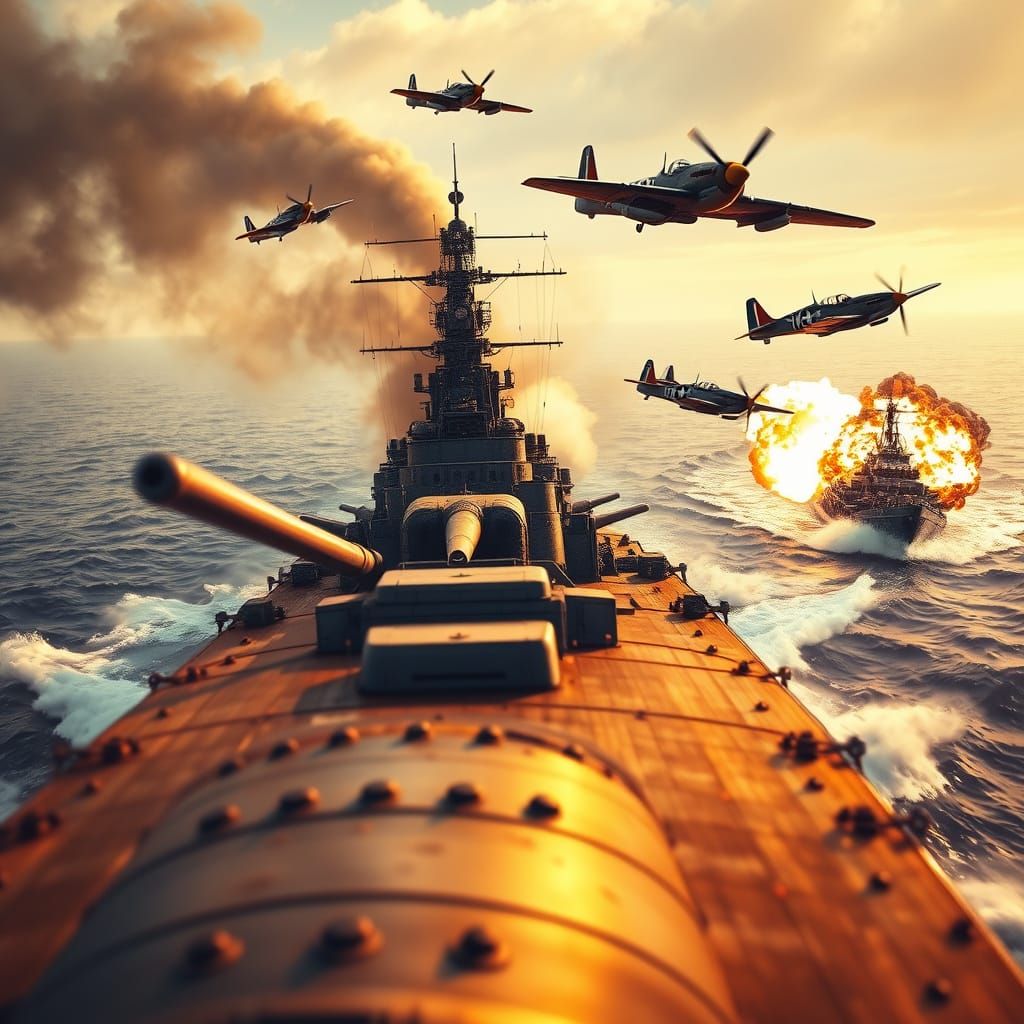 WWII Battleship Engaged in Intense Naval Battle with P-51 Mu...