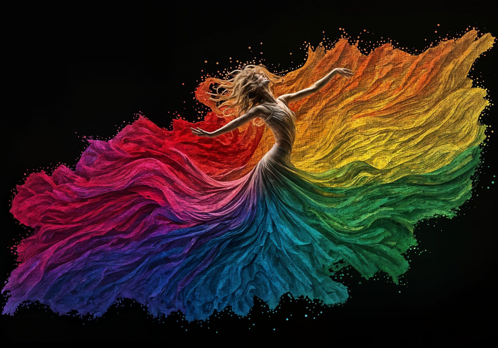 Cubist Dancer in Vibrant Rainbow Gown