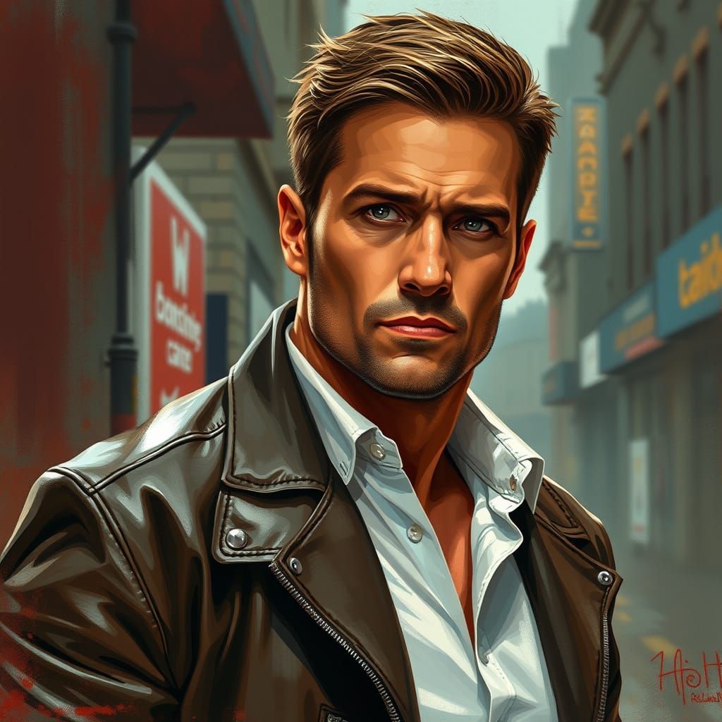 Rugged Hero Exudes Charisma in Gritty Urban Landscape
