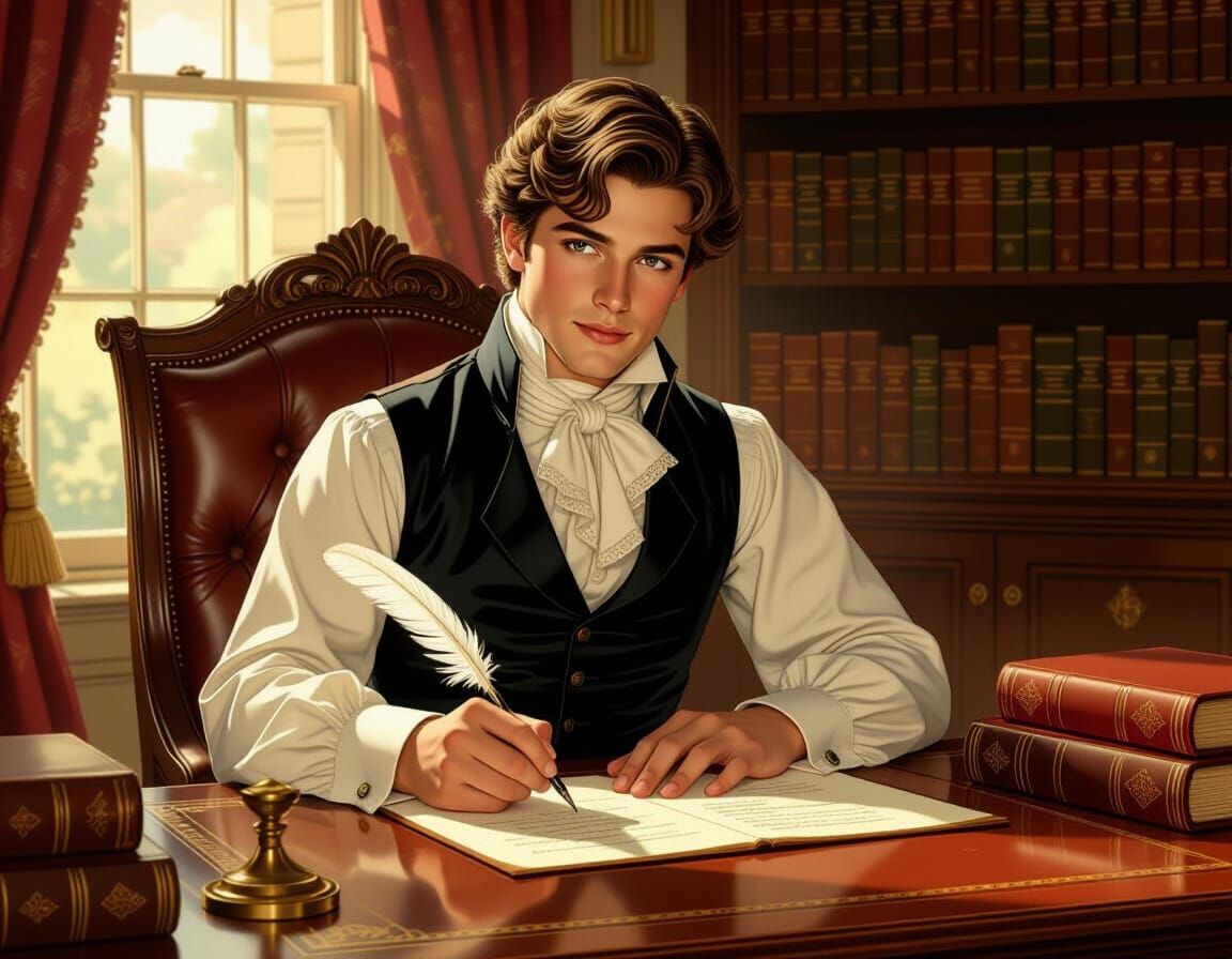 Regency Gentleman Writing Letter in Classic Illustration Sty...