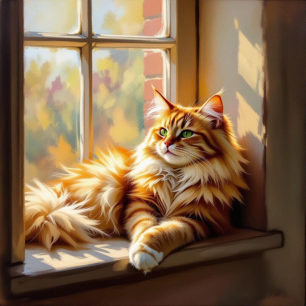 Fluffy Ginger Cat in Sunlit Window