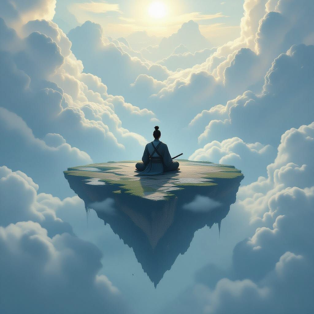 Samurai Meditating on Ancient Map Island in Clouds