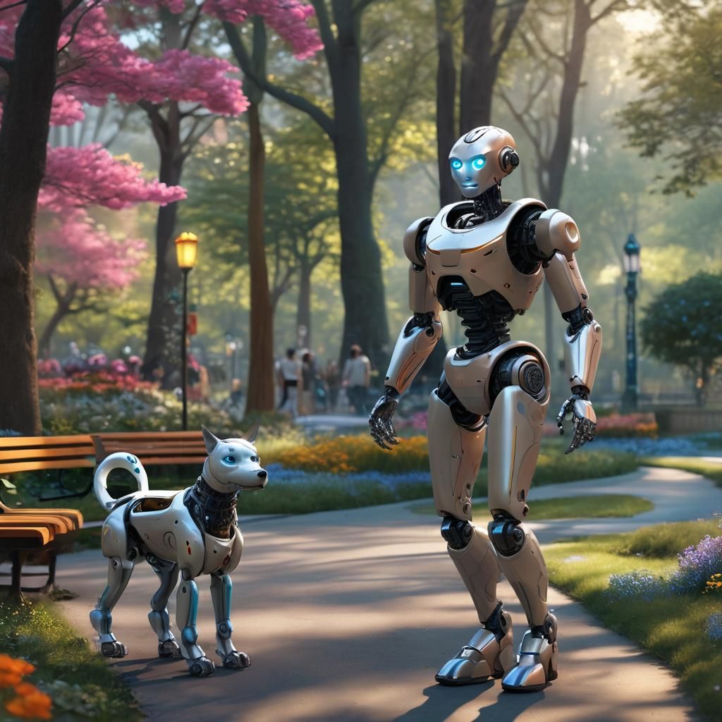 high tech humanoid robot, enjoying walking through the park,...