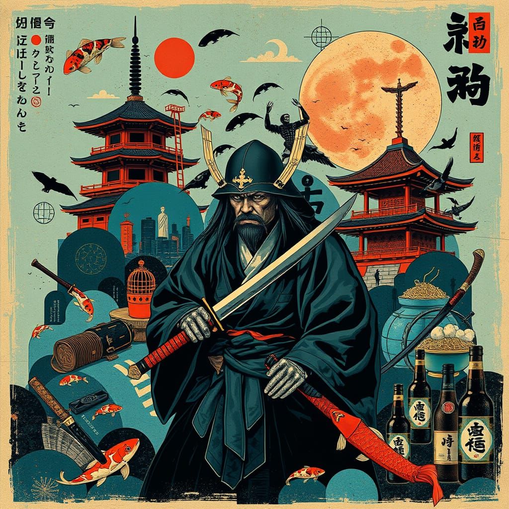 Surreal Noir Japanese Samurai Poster with Knives and Pagodas