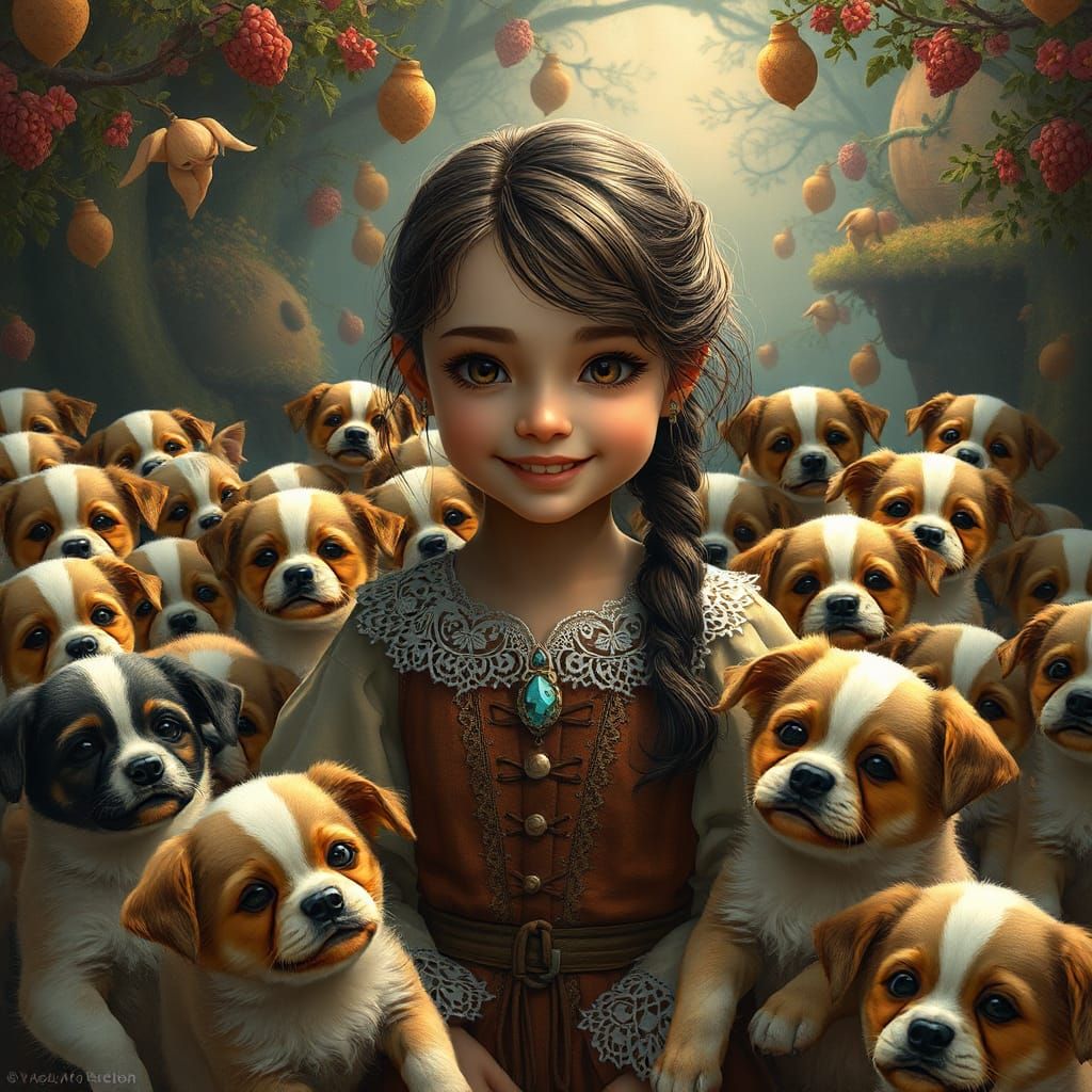 Whimsical Girl Surrounded by Playful Puppies in Fantastical...
