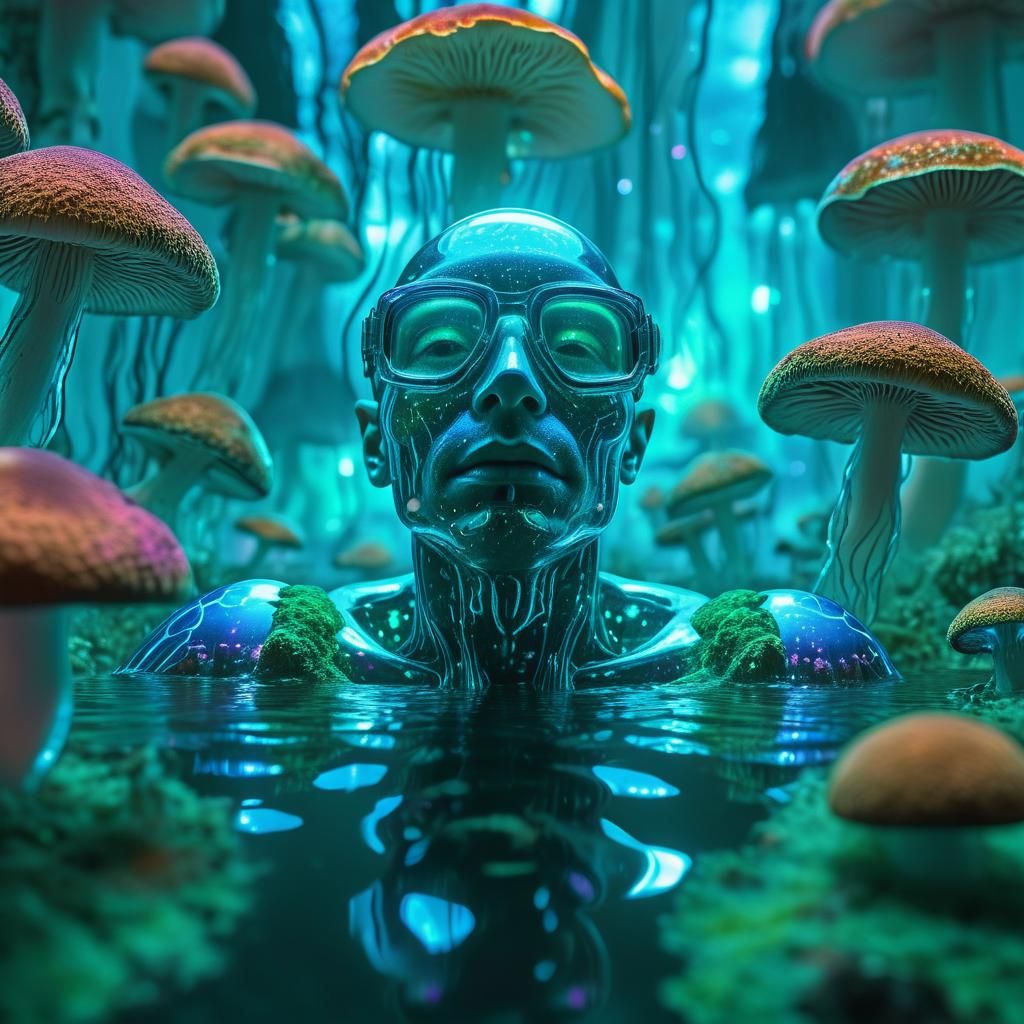 Bioluminescent Mushrooms Surround a Figure Underwater
