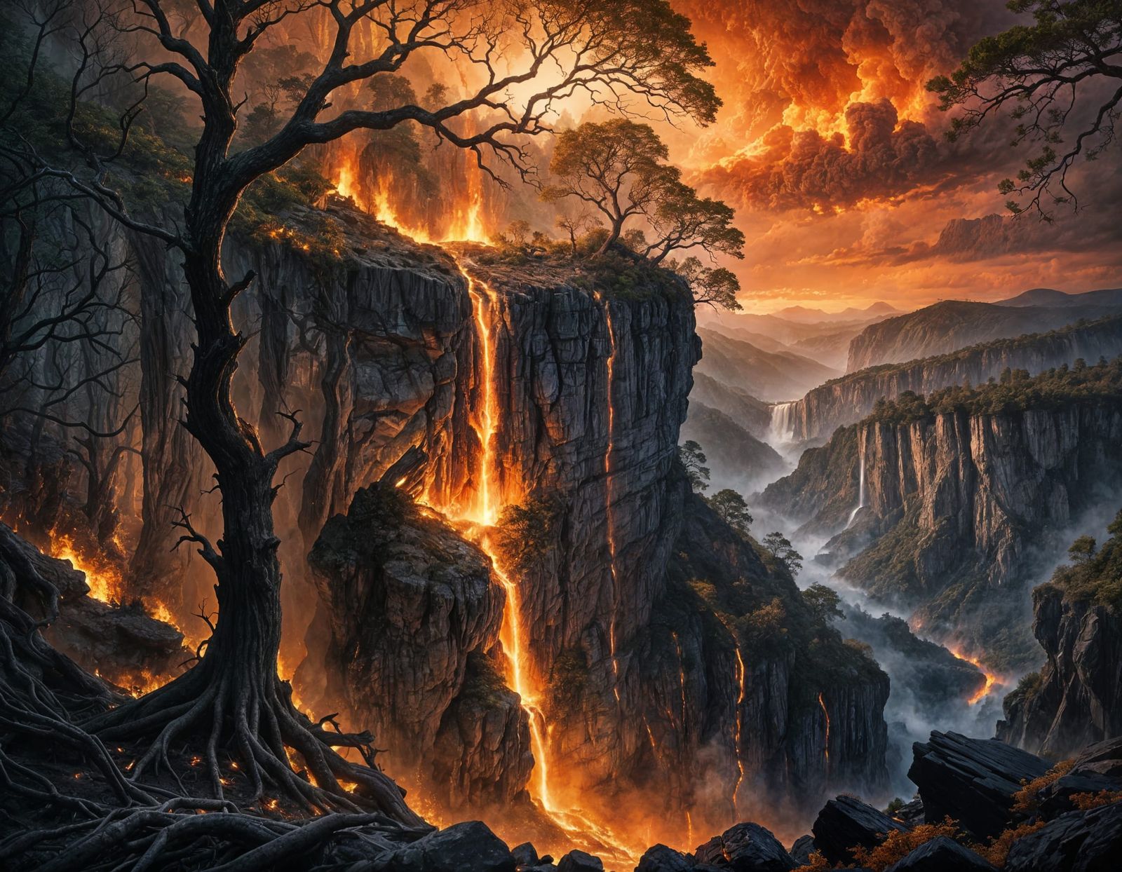 Epic Cinematic Fire Waterfall on White Cliff