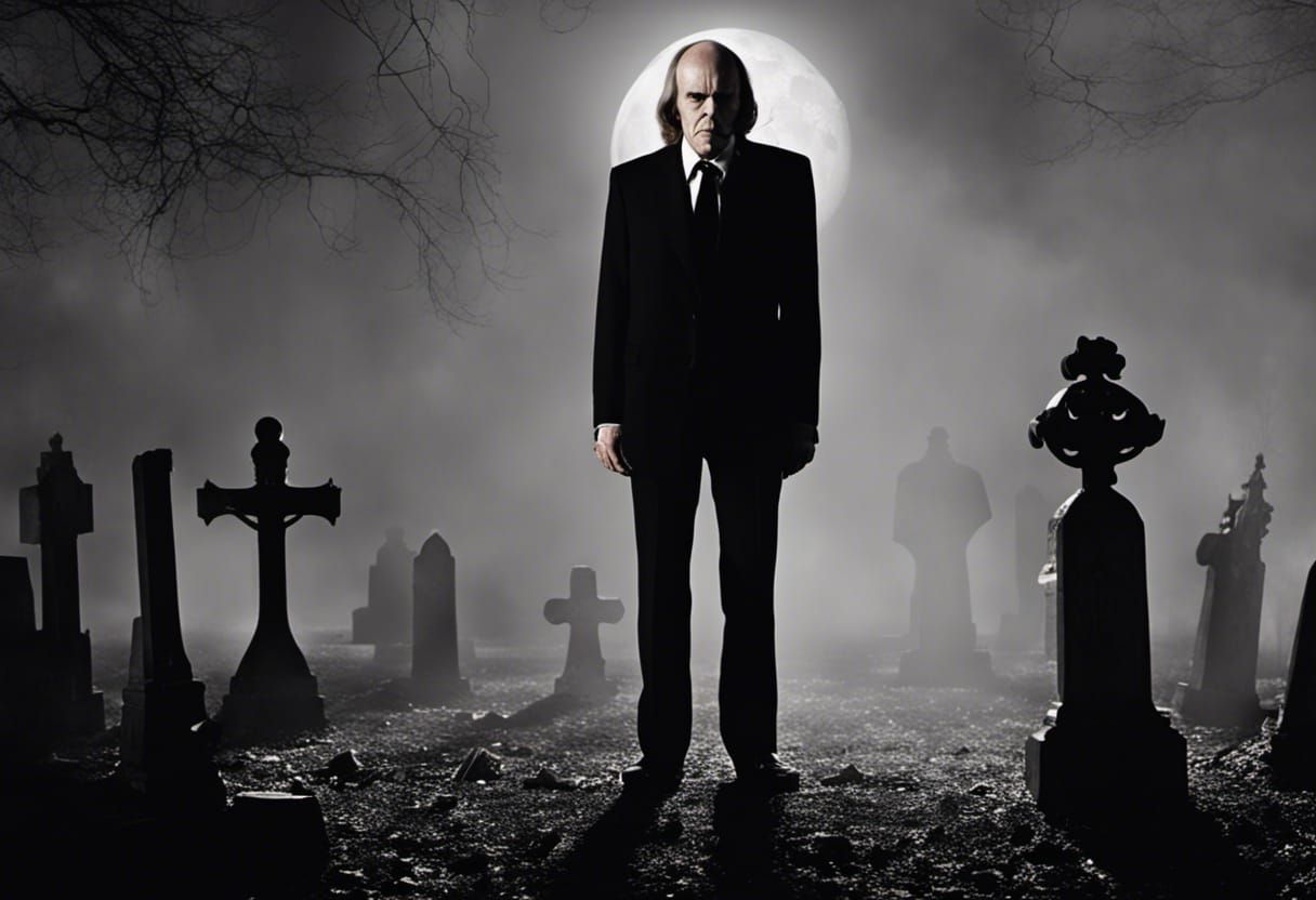 The Tall Man Haunts a Foggy Cemetery in Surreal Horror Scene