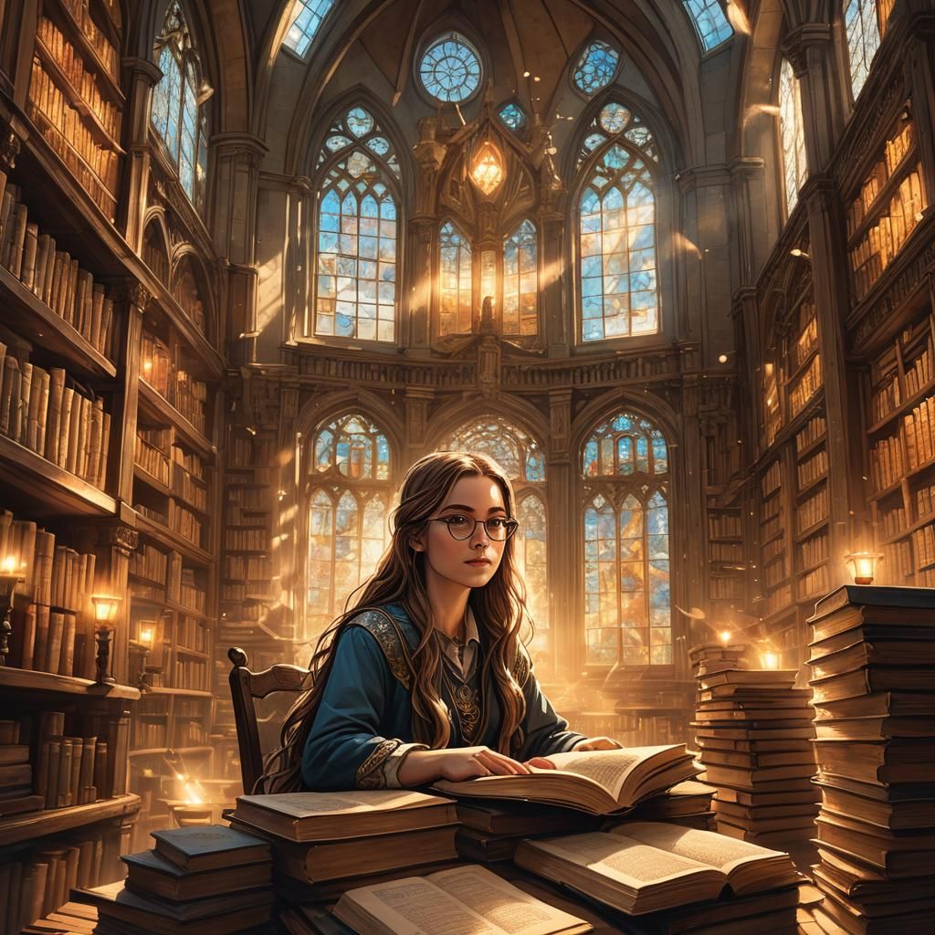 Young Sorceress Surrounded by Glowing Tomes in Whimsical Fan...