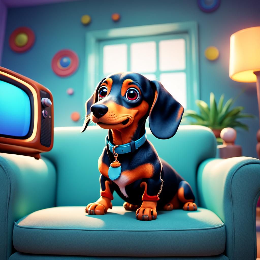 A Cartoon Merle Dachshund Watches TV in a Colorful Living Ro...