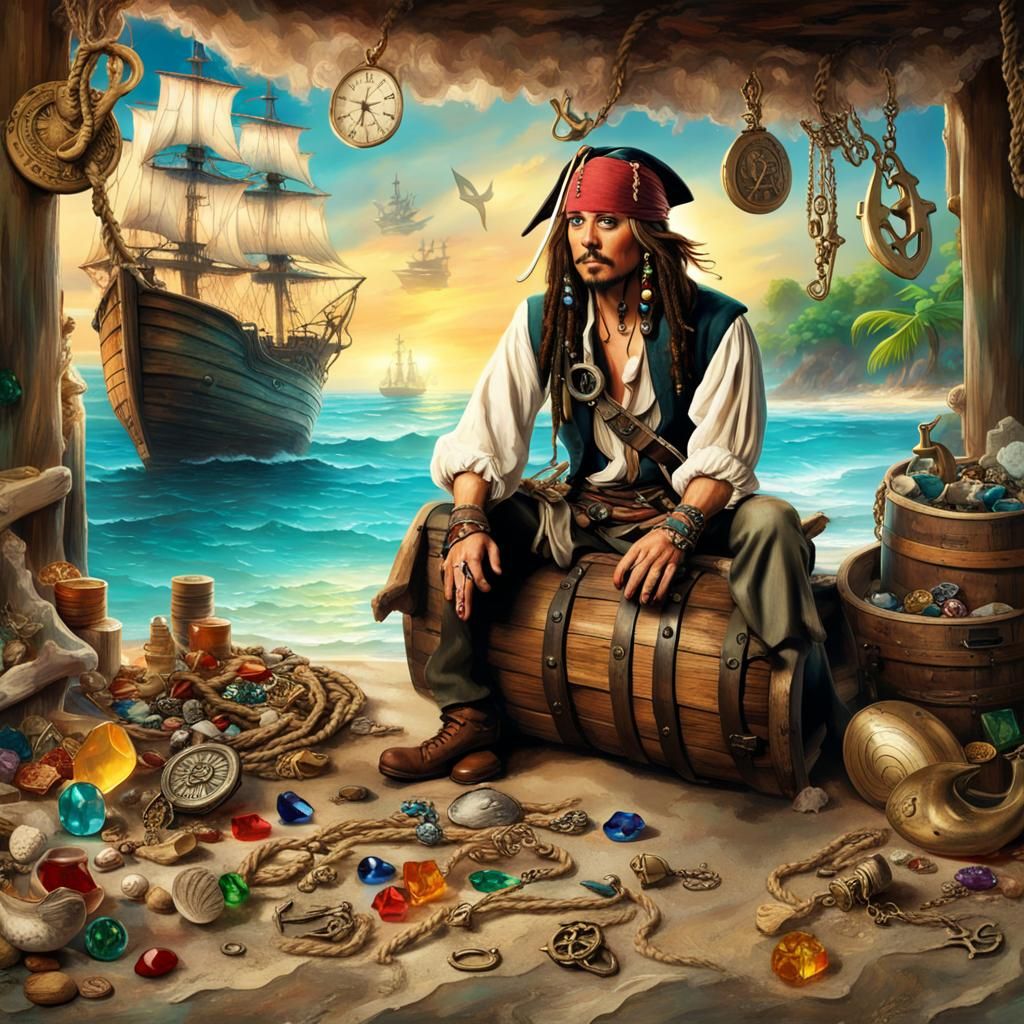 Captain Jack Sparrow on a Tropical Beach with a Mermaid and...