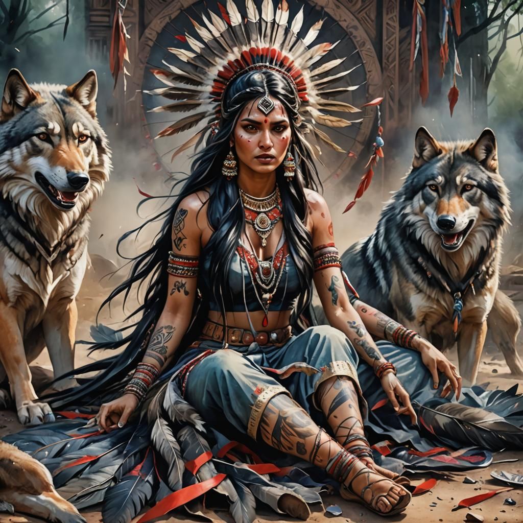 Young Warrior Woman in Traditional Indian Attire with Tattoo...