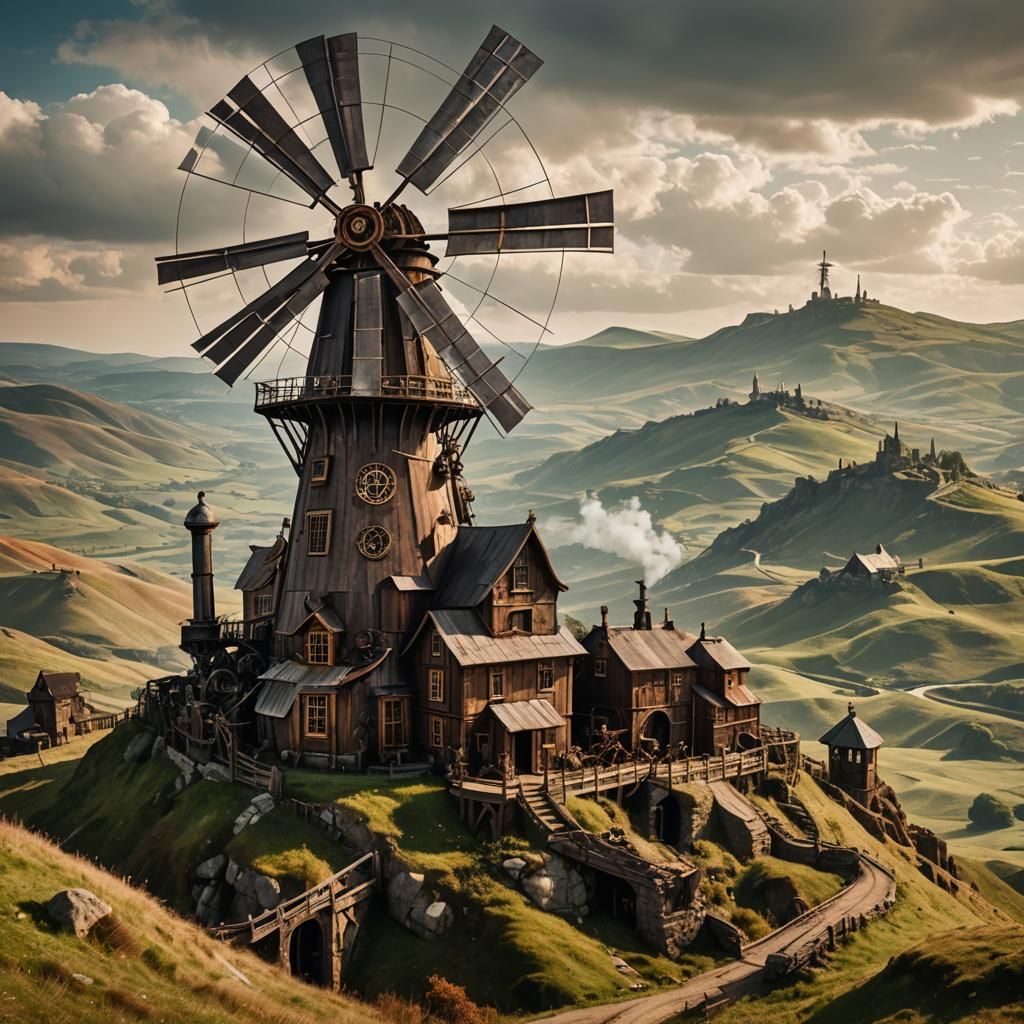 Steampunk Windmill on a Hilltop
