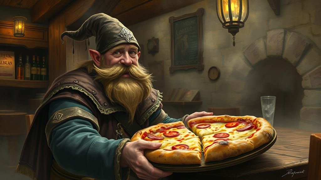 Dwarf Warrior Offers Pizza in Tavern, Dark Fantasy Art
