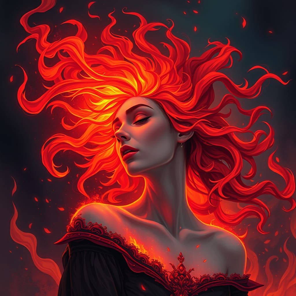 Woman with Fiery Hair in a Realistic Style