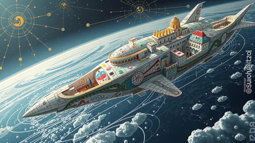 Nomadic Anthropomorphic Spirograph in Mixed-Media Style