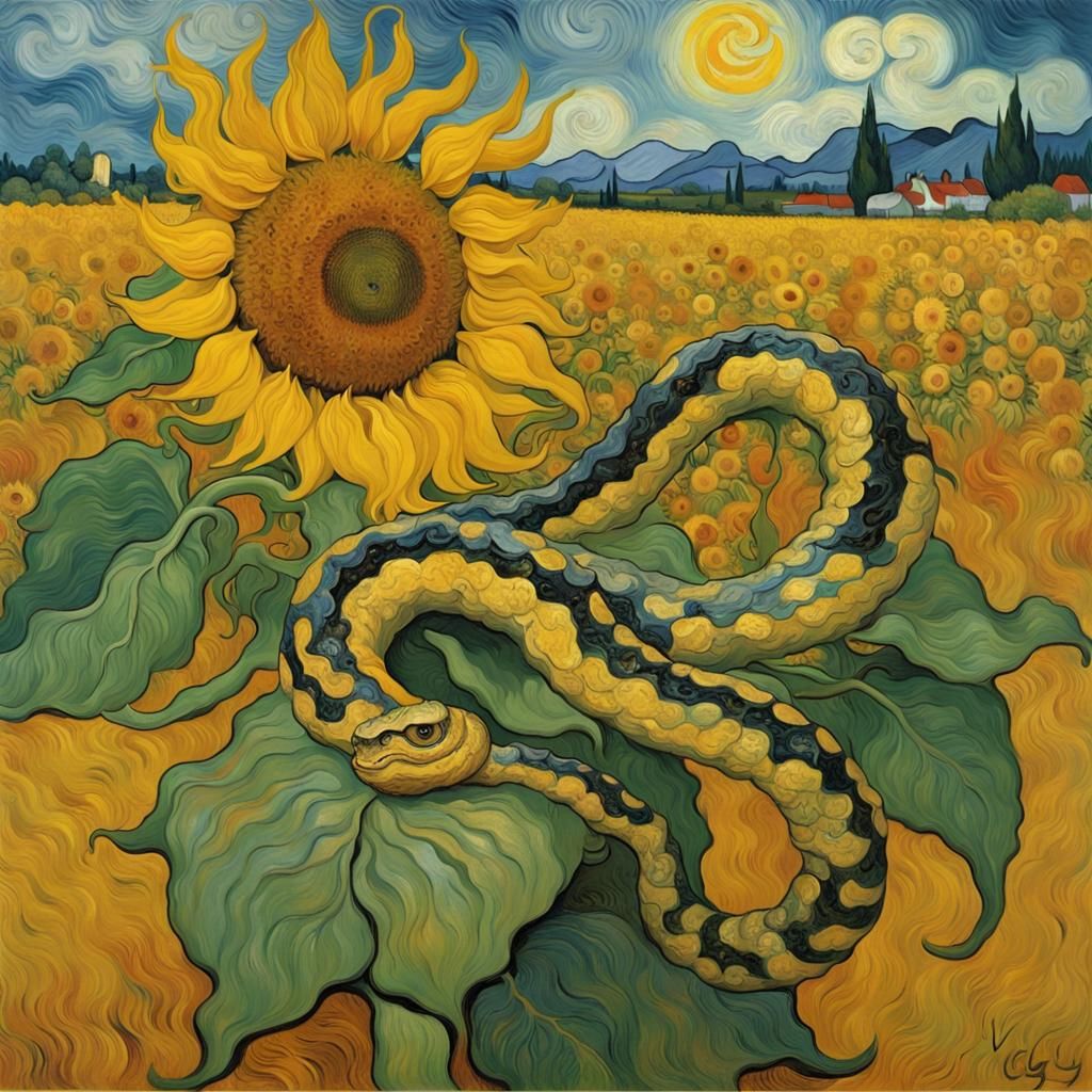Surreal Serpent Basks in Vibrant Sunflower Fields