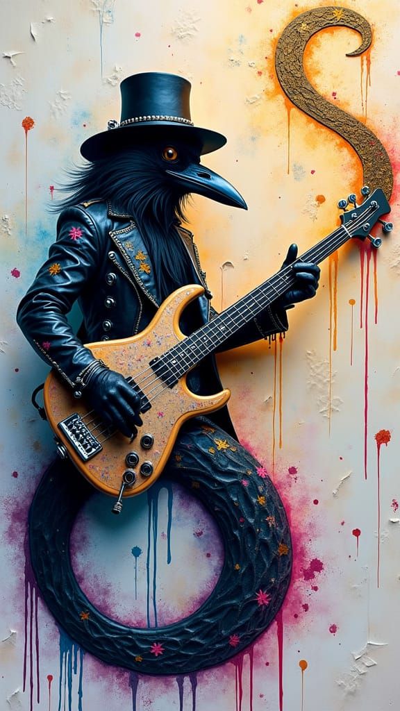 Gothic Crow Woman Riffs on Whimsical Jazz Note in Cyberpunk-...