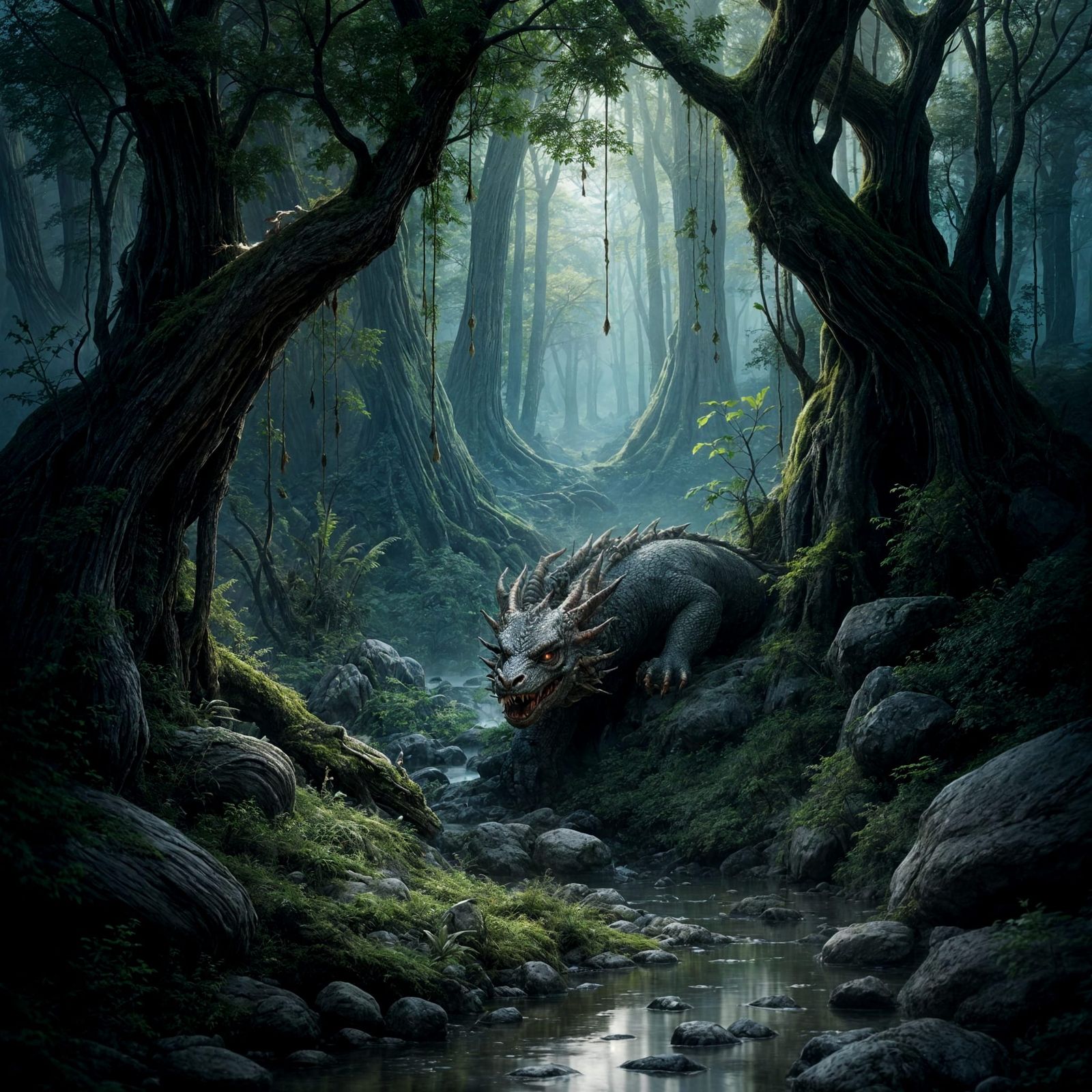 Misty Forest Dragon Slumbers Beneath Ancient Trees