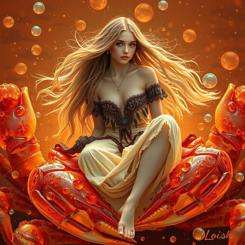 Dreamlike Woman on Gummy Crab in Soda Sea