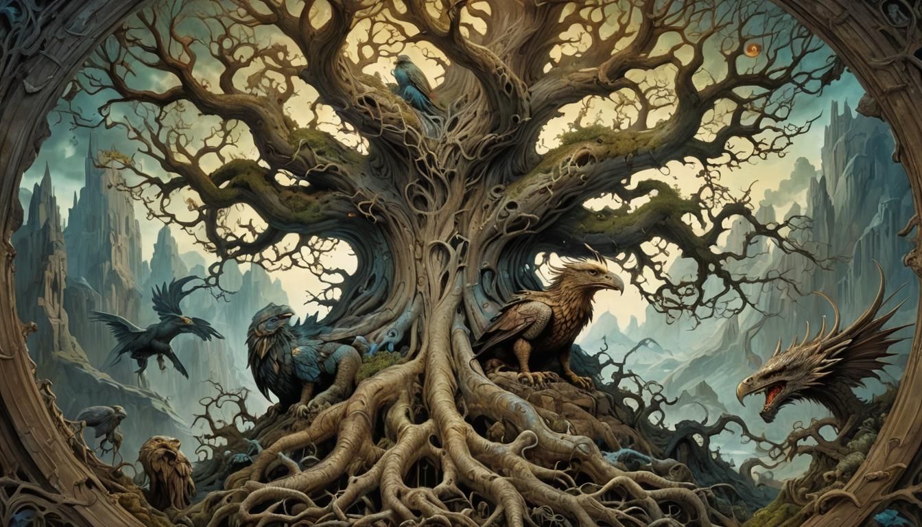 Eagle Soars Above Yggdrasil as Nidhoggr Bites Down Below