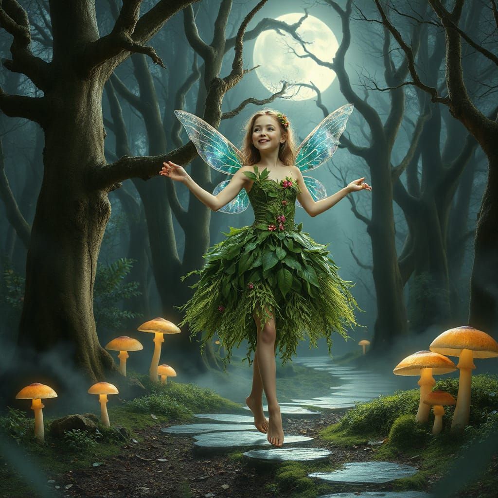 Mischievous Pixie in Moonlit Forest, Ethereal Fantasy Art