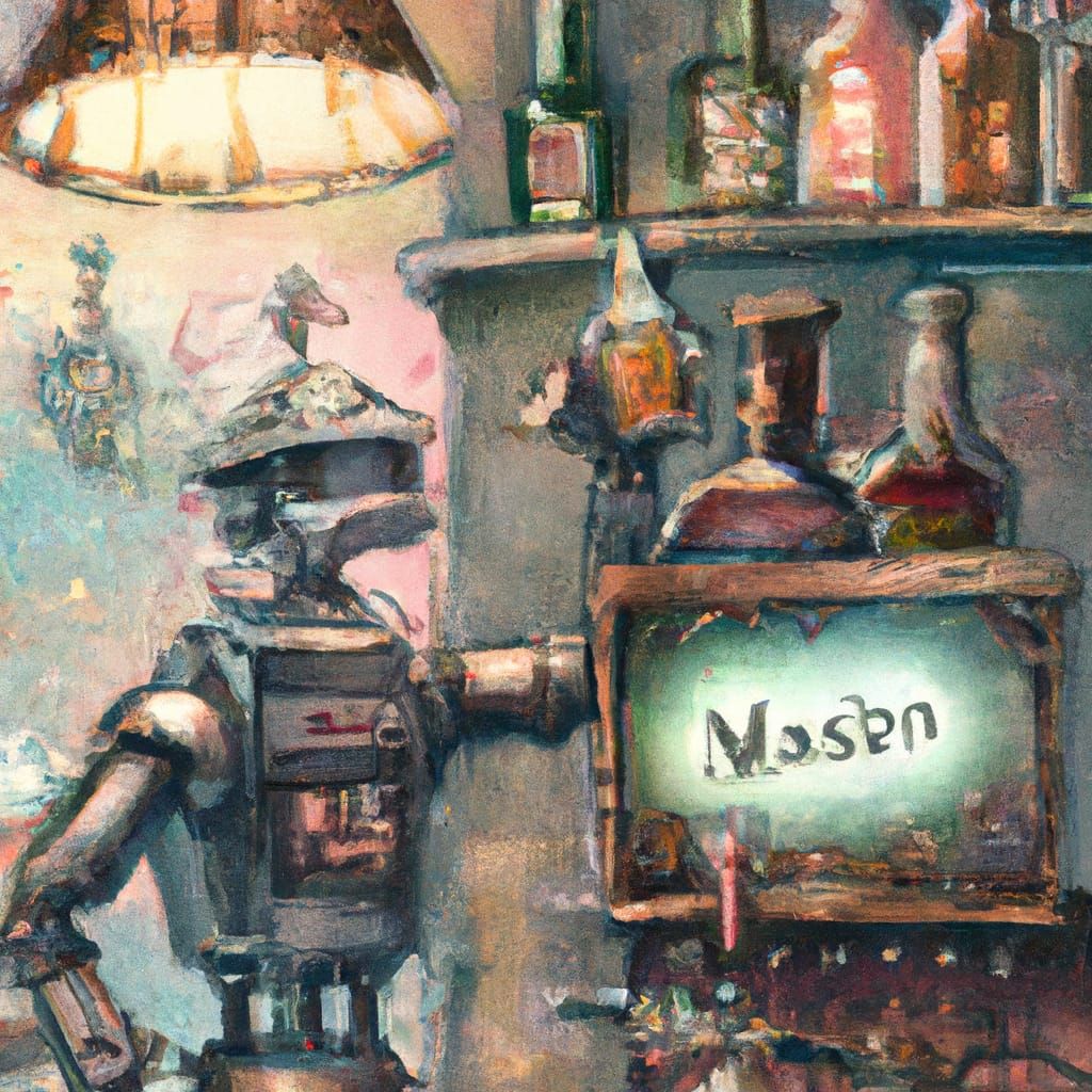 Steampunk Robot Bartender in Whimsical Alien Bar