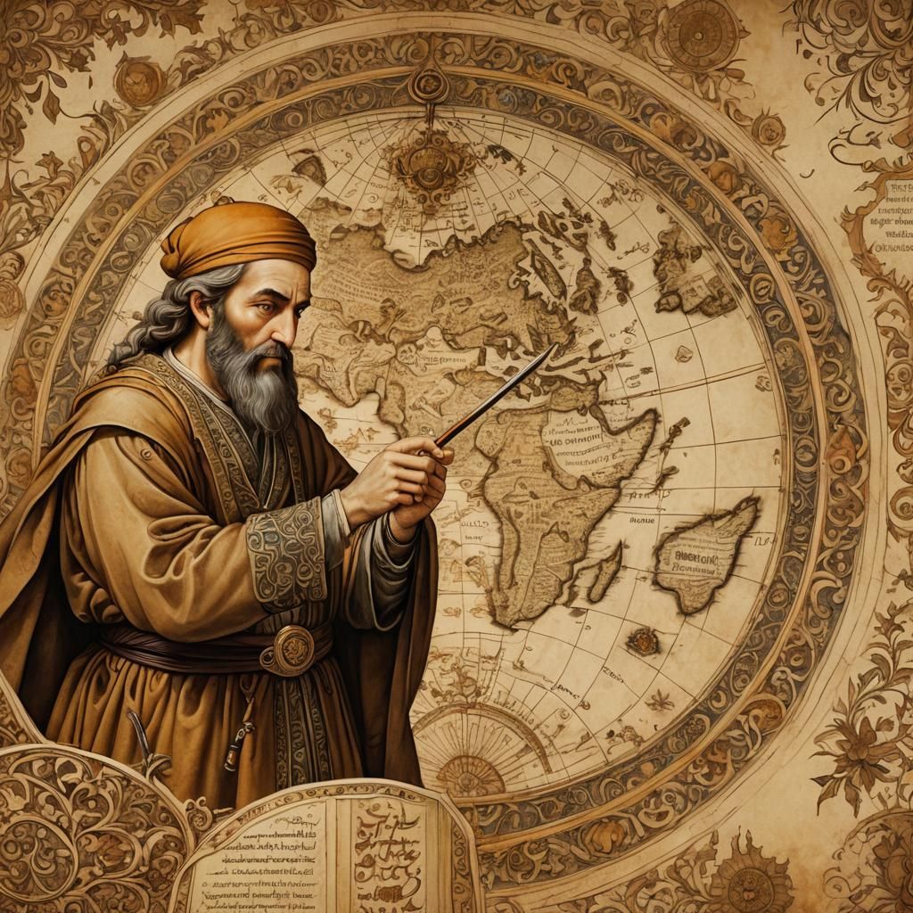Medieval Cartographer Al-Biruni Stands Before Ornate World M...