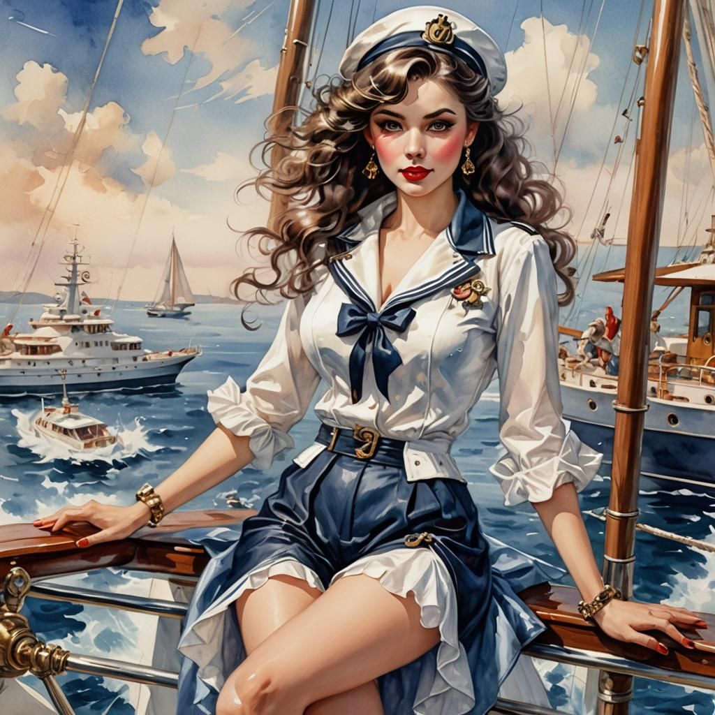 Pinup Siren on a Majestic Yacht, Inspired by Fantasy Art
