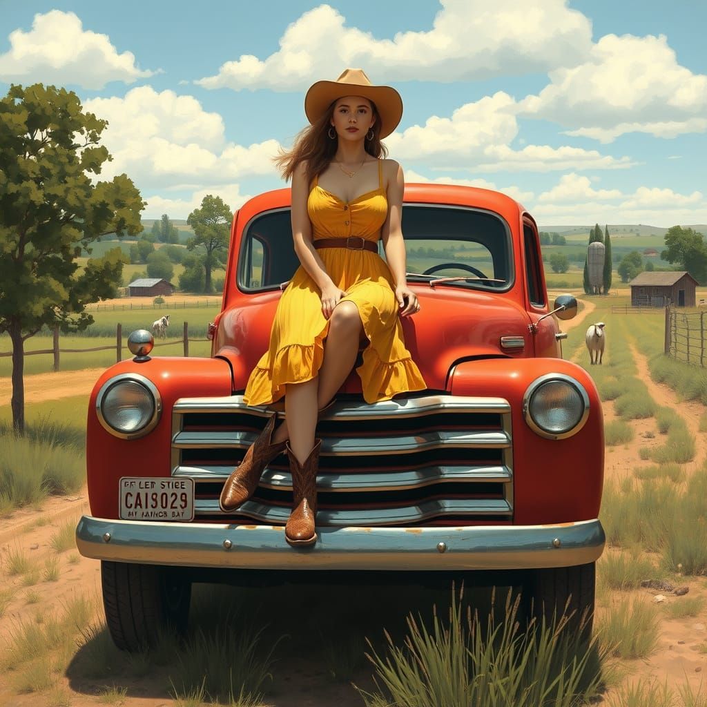 Woman on Vintage Truck in Rustic Landscape