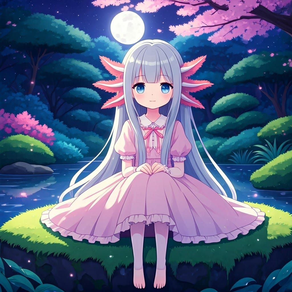 Whimsical Axolotl Girl in Dreamlike Japanese Garden