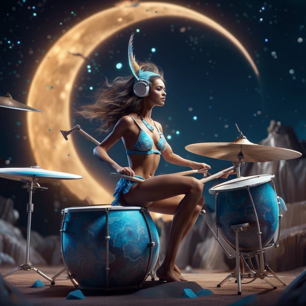 Sultry Lunar Drummer Plays Drums in Bikini