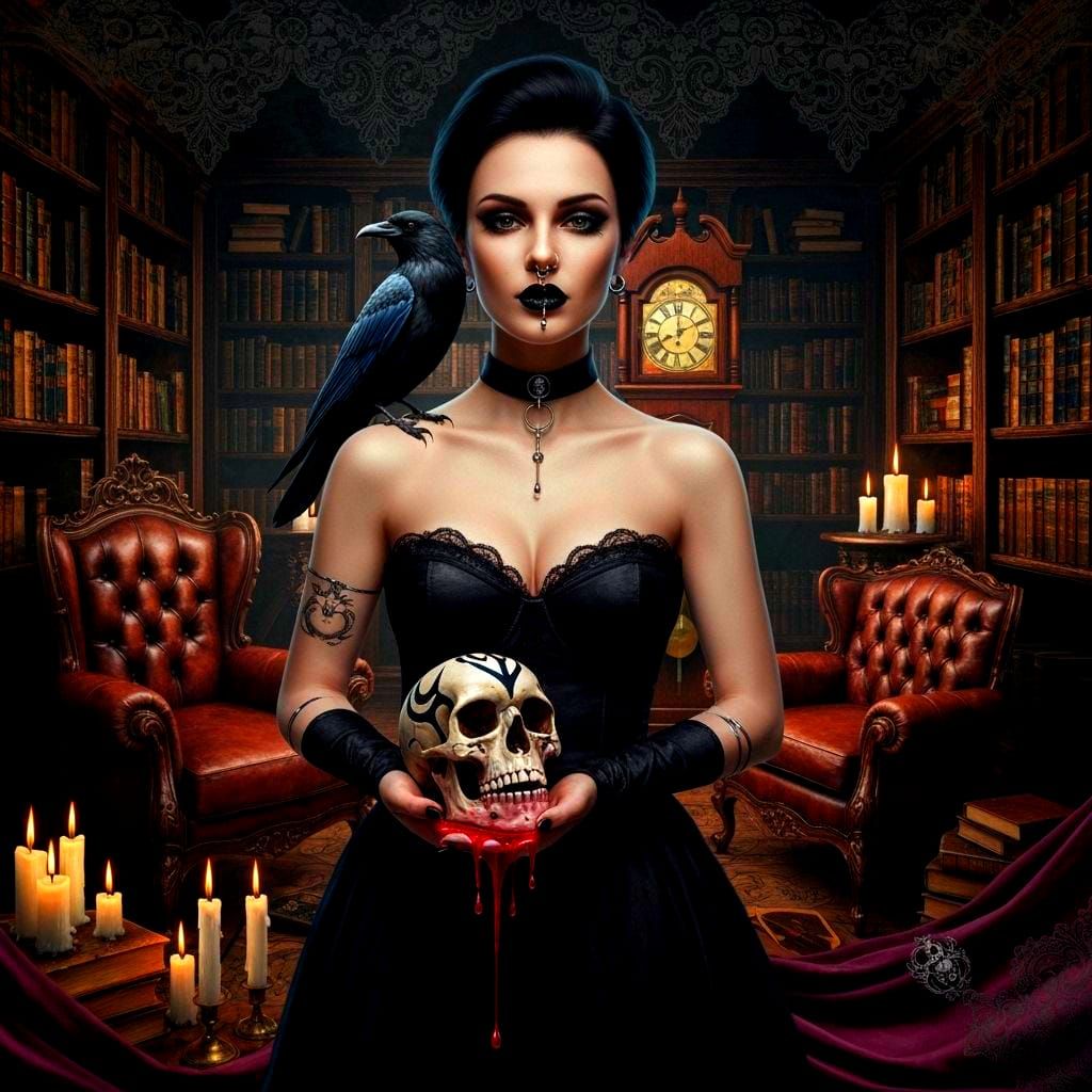 Gothic Library Scene with Tribal Skull and Surreal Elements