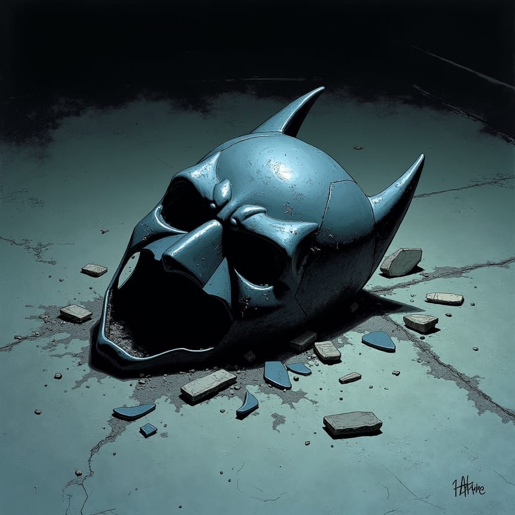Gritty Dark Knight Helmet Shattered on a Gritty City Street