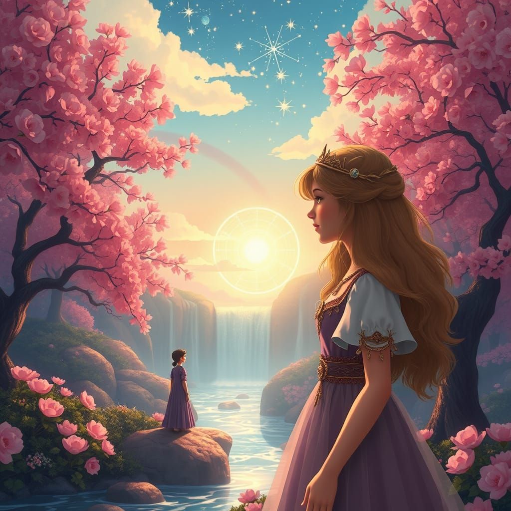 Princess Elira Amidst Blossoming Cherry Trees in Whimsical K...