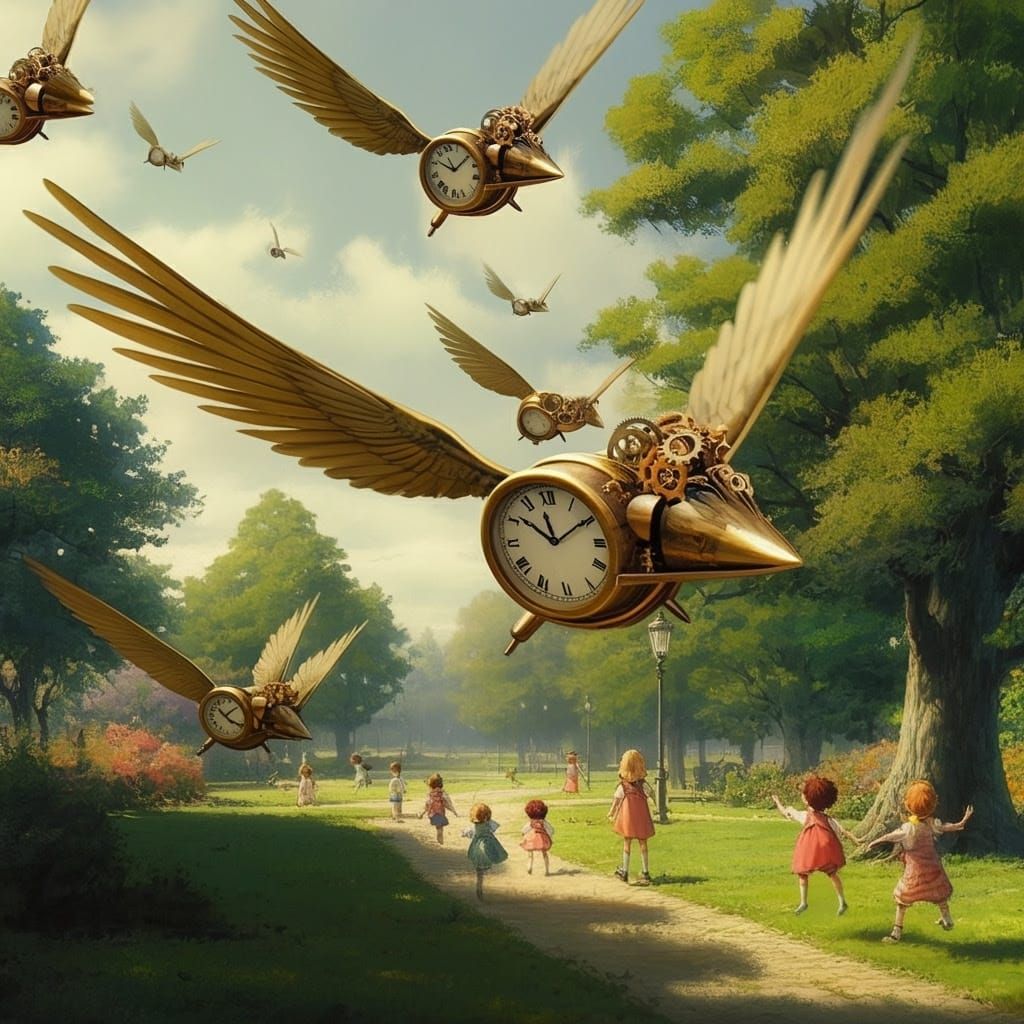 Steampunk Clocks Soar Over Whimsical Parkland