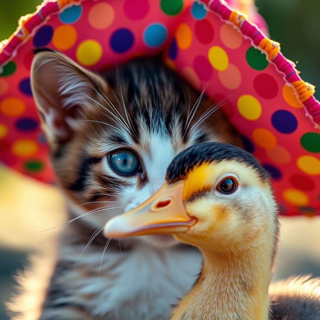 Kitten and Duck in Sombreros, Photorealistic Style