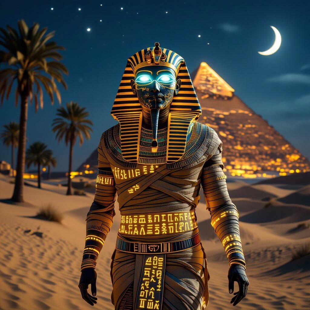 Mummy with Glowing Hieroglyphics and Moonlit Eyes