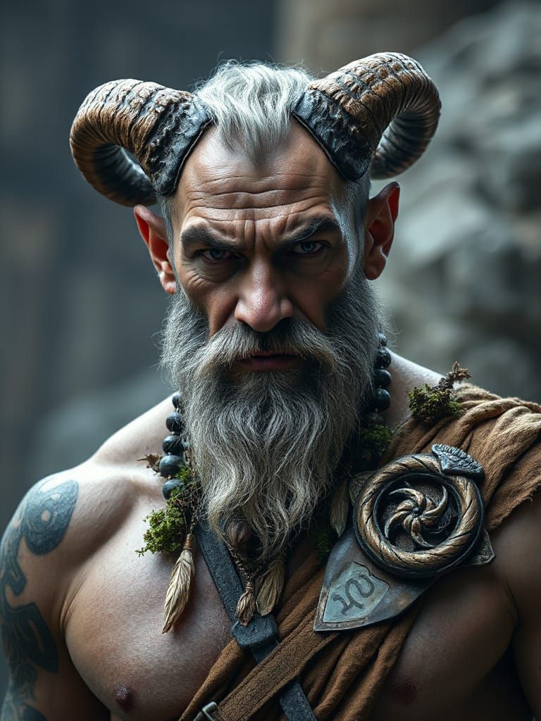 Sinister Male with Spiral Horns and Norse Tattoos