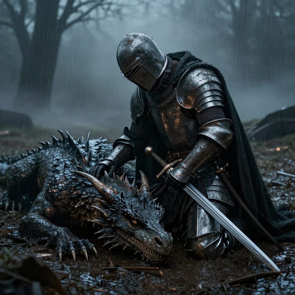 Knight Kneels by Fallen Dragon in Grimdark Battlefield