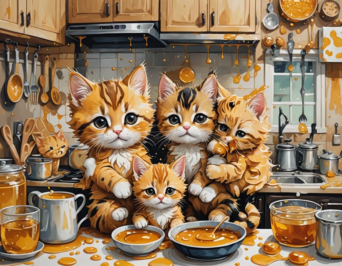 Vibrant Chibi Kittens in a Cozy Kitchen Scene