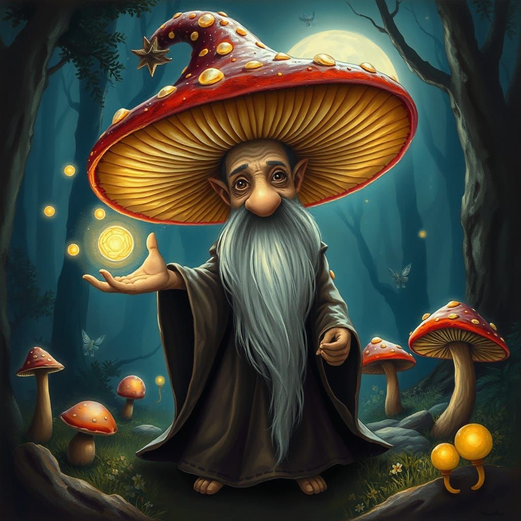 Mushroom Wizard Conjuring Light in Enchanting Forest