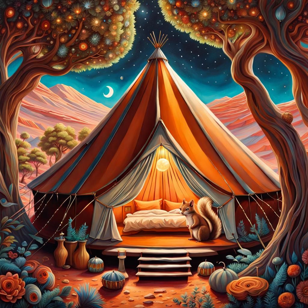 Futuristic Glamping Tent on Mars with Majestic Squirrel