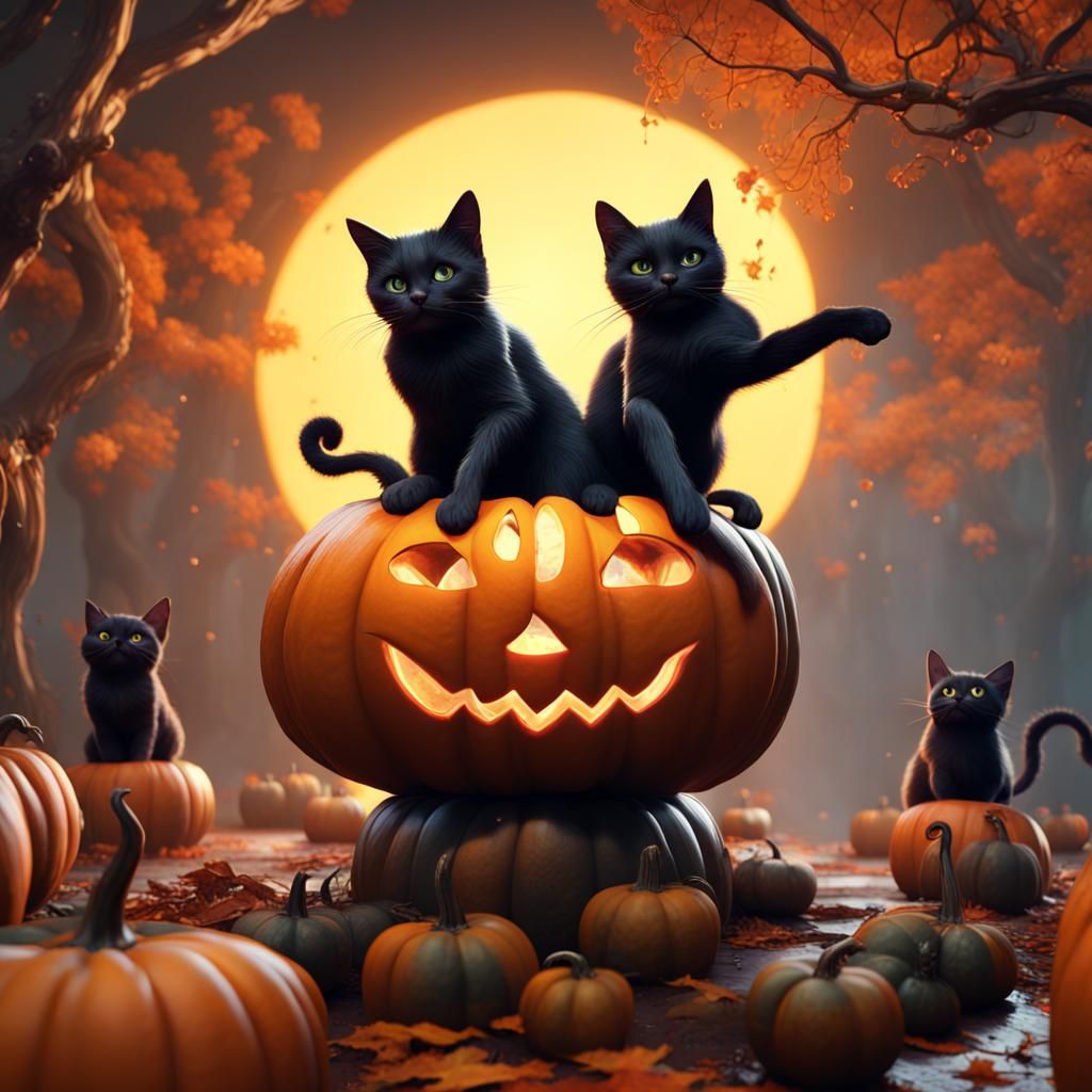 Feline Revelry on a Vibrant Pumpkin in Intricate Fantasy Sty...