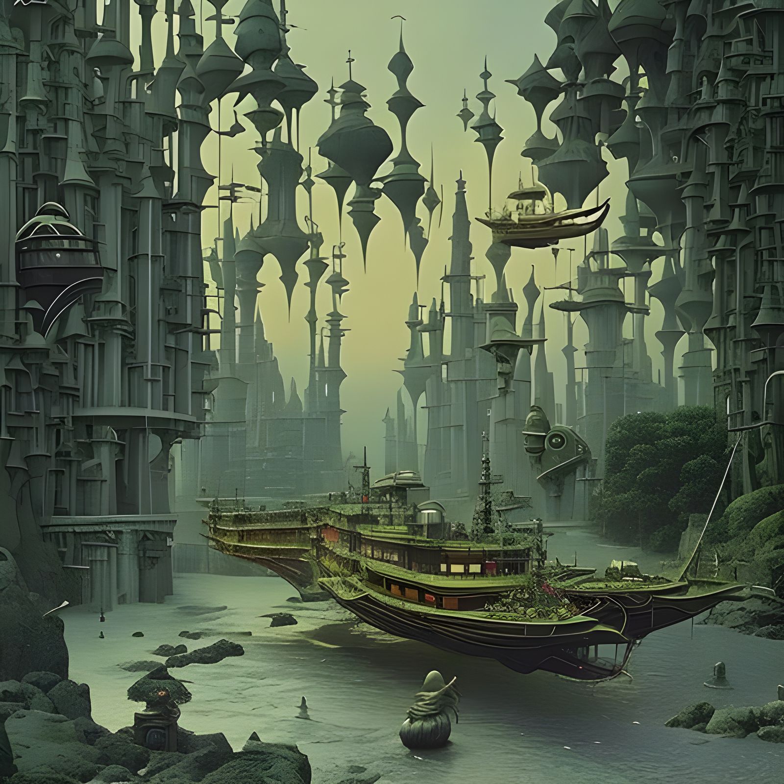 Ethereal Futuristic Watercraft in a Cityscape with Enchanted...