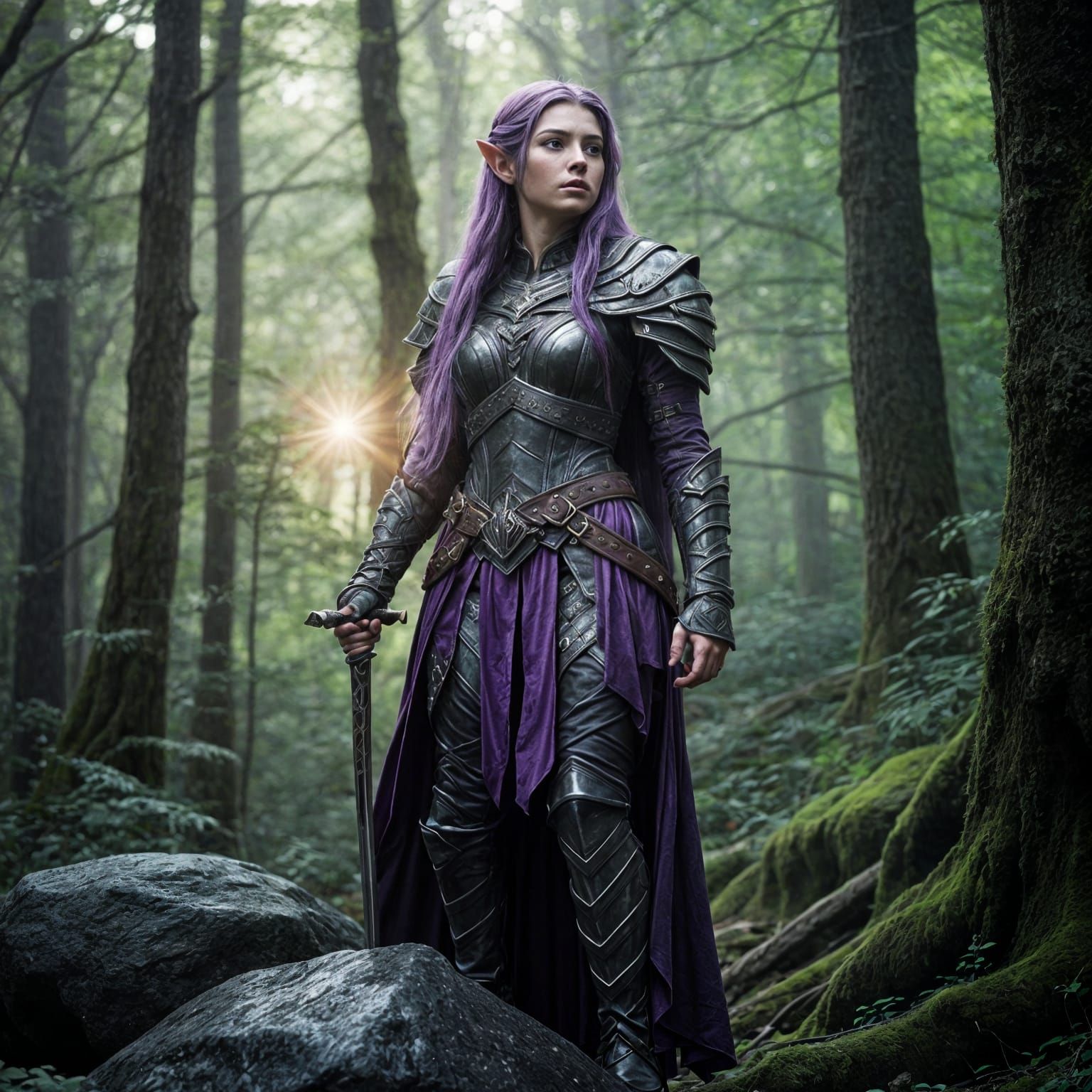 Ethereal Elf Maiden in Leather Armor, Long Purple Hair and M...