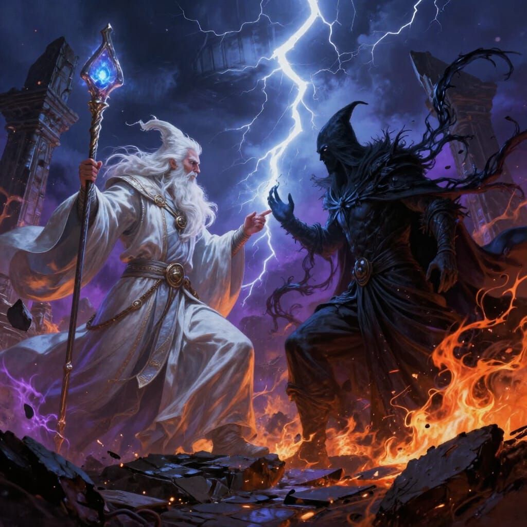 Wizard vs Sorcerer: Epic Fantasy Battle in Stormy Sky