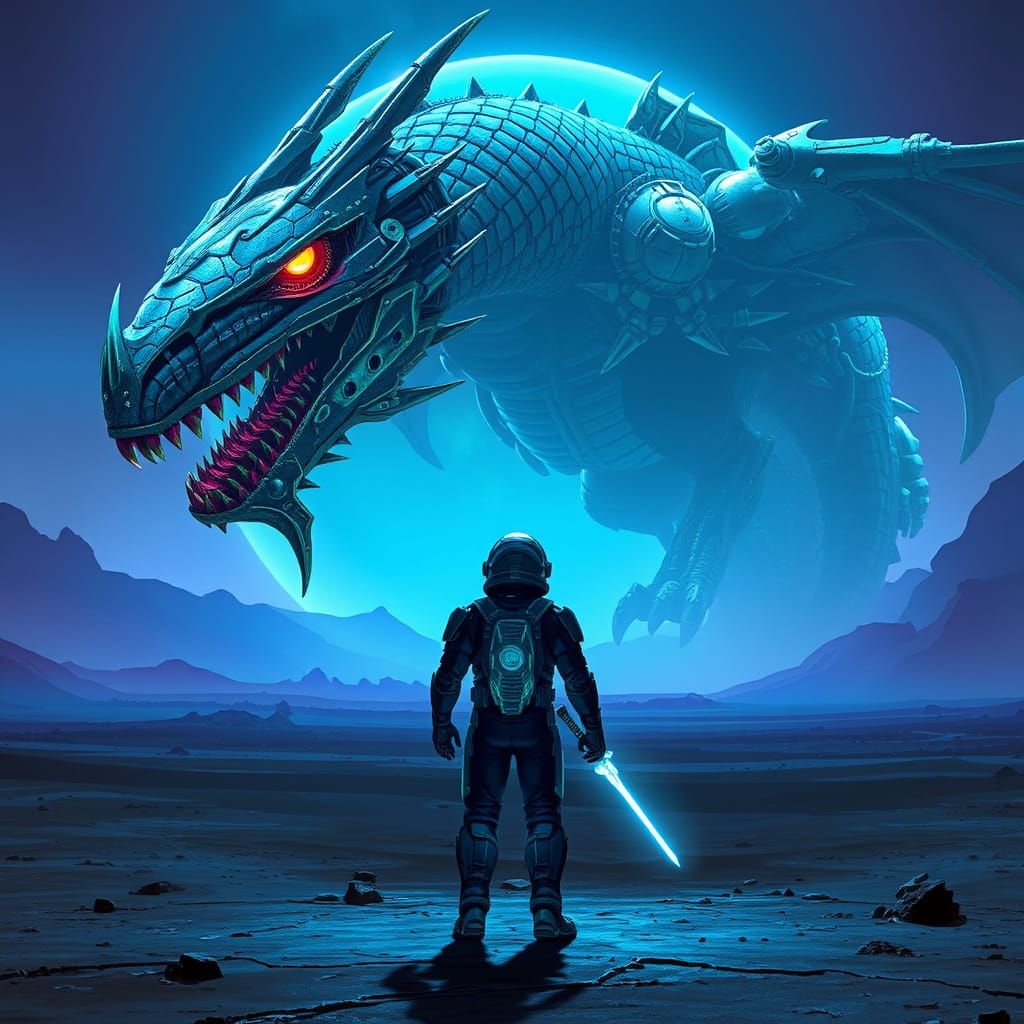 Astronaut Confronts Dragon on Alien World in Sci-Fi Style