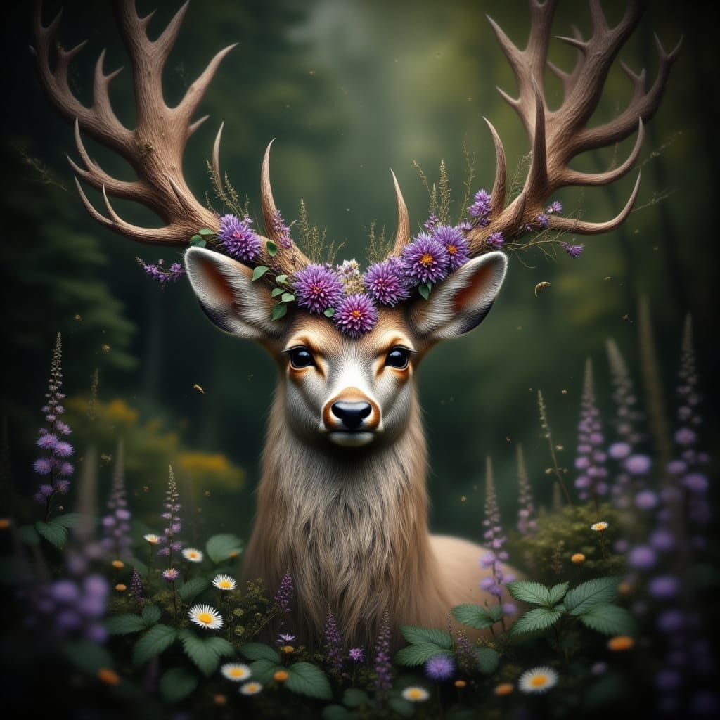 Majestic Deer in Enchanted Forest, Hyperrealistic Digital Pa...