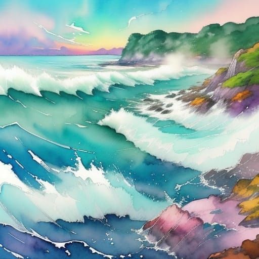 Dreamy Watercolor Waves on Rocky Shore
